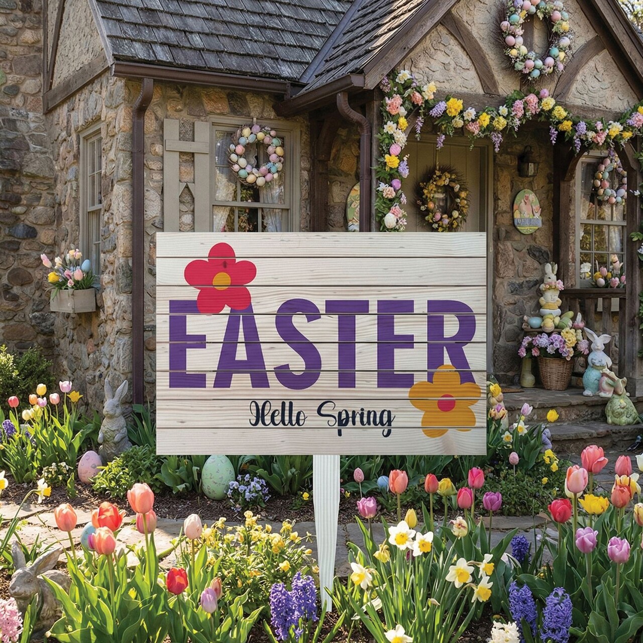 Semn de curte, Floral Easter, 58x38 cm, Multicolor - imagine 5